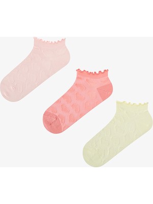 Penti 3 Çift Burun Dikişsiz Pamuklu Renkli Kendinden Kalp Desenli Fırfırlı Patik Çorap