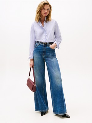 Tommy Hilfiger Standart Gömlek Yaka Çizgili Mavi Kadın Gömlek WW0WW468480X7