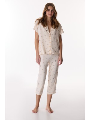 Penti Bej Margot Desenli Gömlek Kapri Pijama Takımı