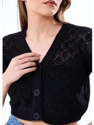 Yuga Knitting Ajurlu Delikli Kısa Kol Mevsimlik Triko Hırka