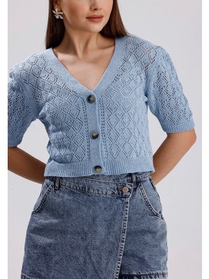 Yuga Knitting Ajurlu Delikli Kısa Kol Mevsimlik Triko Hırka