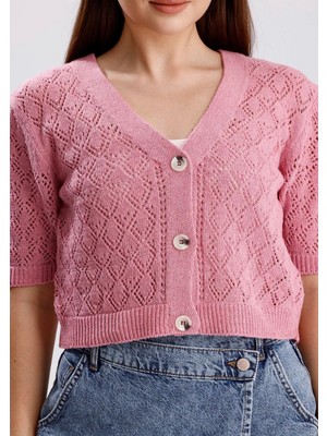 Yuga Knitting Ajurlu Delikli Kısa Kol Mevsimlik Triko Hırka