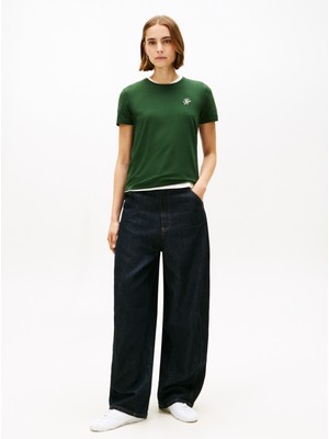 Tommy Hilfiger Yeşil Kadın Standart Fit Nakışlı T-Shirt Th Scrıpt Reg C-Nk Ss Tee