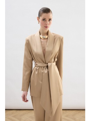 Sateen Kuşaklı Saten Ceket - Camel