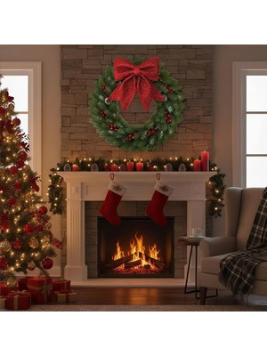 Büyük ve Kaliteli Kırmızı Simli Eva Fiyonk Dekor Yılbaşı Çam Ağacı Duvar Süsü 60 x 65CM