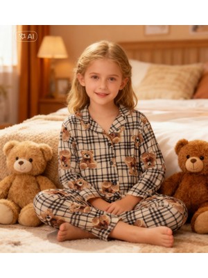 NiCe İç Giyim Ayıcıklı Teddy Bear Kahve Krem Ekoseli Ince Süet Yumuşacık Kız Çocuk & Kadın Pamuk Pijama Takımı