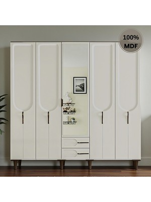 Comiet Asya 5 Kapak Ayaklı Tasarım Aynalı Country Mdf Gardırop