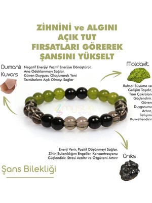 UltraMint Doğal Taş Bileklik, Oniks, Dumanlı Kuvars, Moldavit, Şans Tılsımı