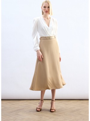 Sateen Kemerli Saten Etek - Camel