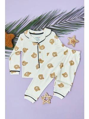 FullaModa Ayıcık Baskılı Fitilli Unisex Çocuk Pijama Takımı