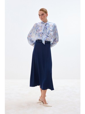 Sateen Kemerli Saten Etek - Lacivert