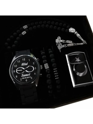 Erkek Kol Saati Seti Erkek Hediye Kişiye Özel Isim Baskılı Saat Tespih Çakmak Erkek Bileklik Kombini Babalar Günü Hediyesi