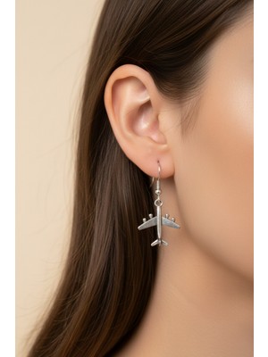 Havacı Market Uçak Figürlü Gümüş Renk Sallantılı Kadın Küpe