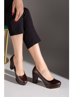 Alpelli Kadın Kahverengi Hakiki Deri Premium Tasarım Dekolte Alçak Platformlu Topuklu Ayakkabı