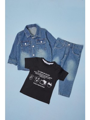 FullaModa Düğmeli Polo Yaka  Erkek Çocuk Jean 3 Lü Takım