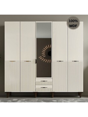 Comiet Defne 5 Kapak Ayaklı Tasarım Aynalı Country  Mdf Gardırop