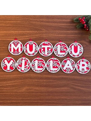 11 Harfli Kırmızı Beyaz Ipli Mutlu Yıllar Yazılı Ahşap Yılbaşı Ağaç Süsü
