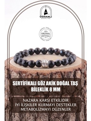 UltraMint Doğal Göz Akik Taş Bileklik, Sertifikalı, 8mm, Şık ve Zarif Takı