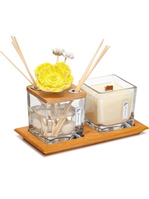 Missi Masif Ahşap Tepsili 250 ml Dekorlu Ahşap Kapaklı Yasemin Sandal Oda Kokusu + Vegan Mum