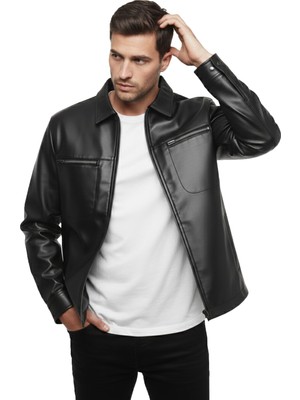 Deepsea Siyah Rahat Kalıp Erkek Suni Deri Ceket / Mont – Gömlek Yaka Suni Deri Ceket 2600787