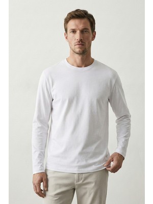 elemge %100 Pamuk Erkek Süprem Uzun Kollu Basic T-Shirt Compact Penye Beyaz Sporcu Tişört Body