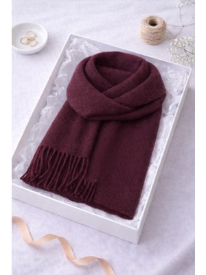 Soft Touch Püskül Detaylı Yün Dokulu Premium Bordo Şal & Atkı (195 x 45 Cm)