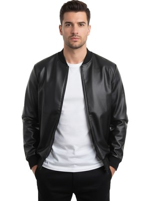 Deepsea Siyah Aslan Taş Işlemeli Dar Kesim Suni Deri Erkek Ceket / Mont – Kolej Yaka & Ribanalı 2600931