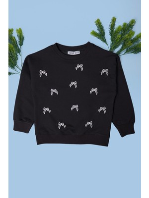 FullaModa Fiyonk Nakışlı Taşlı Kız Çocuk Sweatshirt