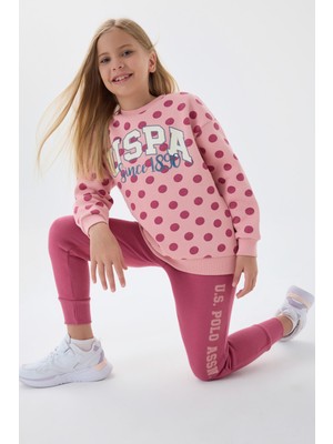 U.S. Polo Assn. Lisanslı Retro Pembe Kız Çocuk Puantiyeli Eşofman Takım