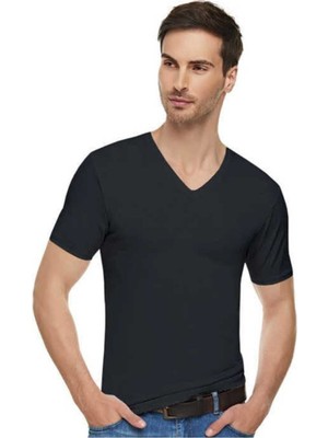Elit 3'lü Erkek Likralı V Yaka Yarım Kol Fanila-Siyah-2xl