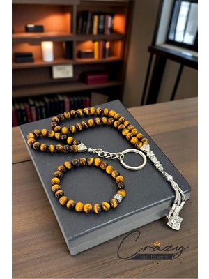 UltraMint 8 mm Kaplan Gözü Taşlı Erkek Bileklik ve Tesbih Anahtarlık Seti