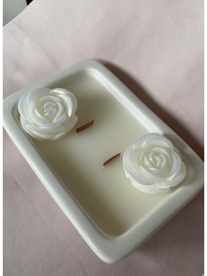 MumKusag Özel Tasarım Sedefli Gül Detaylı Ahşap Fitilli Beton Mum