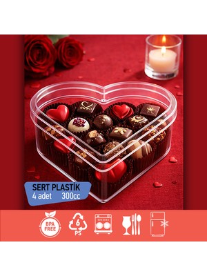 Sevgililer Günü Kalpli Kutu 4’lü Kapaklı, Mika Sert Plastik Şeffaf Hediye Kutusu, 300 cc Çikolata, Tatlı, Lokum, Şekerleme, Kuruyemiş