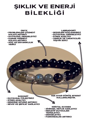 UltraMint Doğal Taş Bileklik, Sertifikalı El Işçiliği, Oniks, Labradorit, Rodonit, Kristal Kuvars