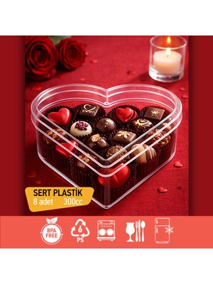 Sevgililer Günü Kalpli Kutu 8’li Kapaklı, Mika Sert Plastik Şeffaf Hediye Kutusu, 300 cc Çikolata, Tatlı, Lokum, Şekerleme, Kuruyemiş