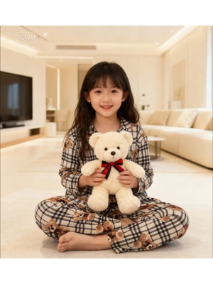 NiCe İç Giyim Ayıcıklı Teddy Bear Kahve Krem Ekoseli Ince Süet Yumuşacık Kız Çocuk & Kadın Pamuk Pijama Takımı