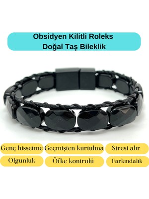 UltraMint Doğal Taş Deri Bileklik, Sertifikalı Obsidyen Kilitli Tasarım