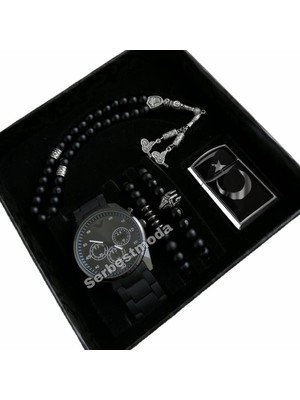 Erkek Kol Saati Hediye Seti Sevgiliye Hediye Saat Kombini Tespih Bileklik Saat Çakmak Kombini