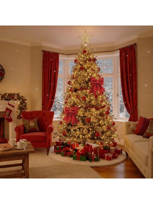 Büyük ve Kaliteli Kırmızı Simli Eva Fiyonk Dekor Yılbaşı Çam Ağacı Duvar Süsü 60 x 65CM