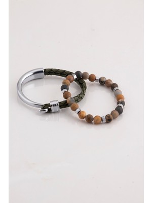 UltraMint Yeşil Hakiki Deri ve Hematit Taşlı Erkek Bileklik Kombini