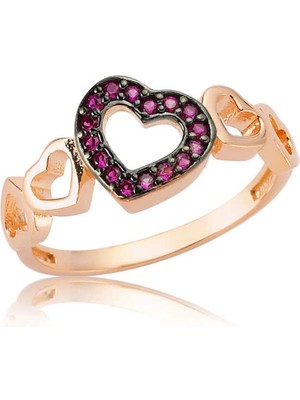 Bazarhane Gümüş Rose Pembe Kalpli Bayan Yüzük