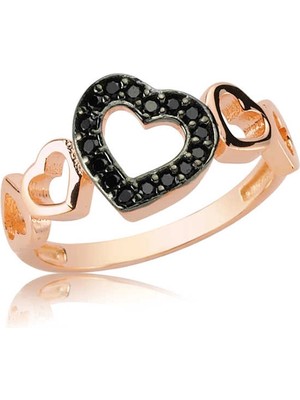 Bazarhane Gümüş Rose Siyah Kalpli Bayan Yüzük