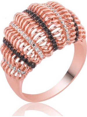 Bazarhane Gümüş Rose Siyah Beyaz Taşlı Bayan Yüzük