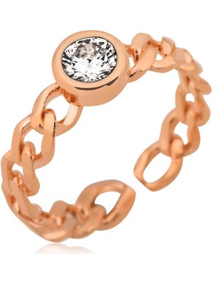 Bazarhane Gümüş Rose Zincir Desenli Tek Taş Bayan Yüzük