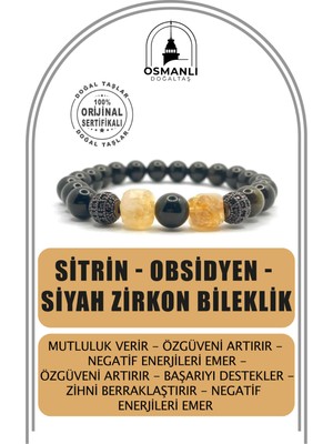 UltraMint Doğal Sitrin ve Obsidyen Siyah Zirkon Bileklik 8mm, Şık ve Enerjik Tasarım