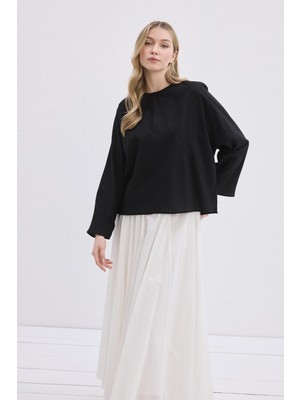 Kadriye Baştürk Açık Hakim Yaka Keten Gömlek Siyah