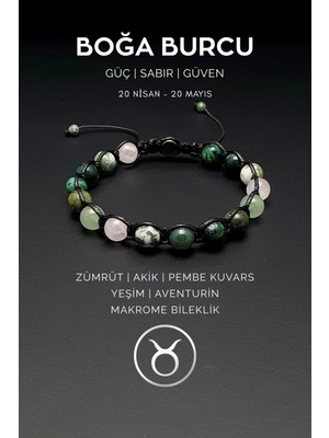 UltraMint El Yapımı Boğa Burcu Bileklik, Zümrüt, Akik, Pembe Kuvars, Yeşim ve Aventurin