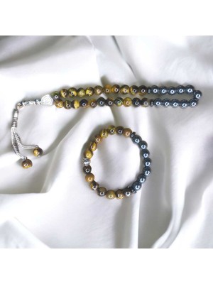 UltraMint Doğal Taş Tesbih ve Bileklik Seti, Kaplangözü ve Hematit Şıklığı