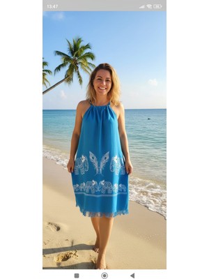 Nevin Acar Petrol Filli Bağlamalı  Askılı Peştemal Plaj Elbisesi