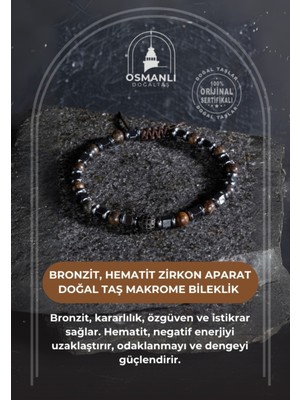 UltraMint Doğal Taş Makrome Bileklik, Sertifikalı Hematit, Bronzit ve Zirkon Detaylı